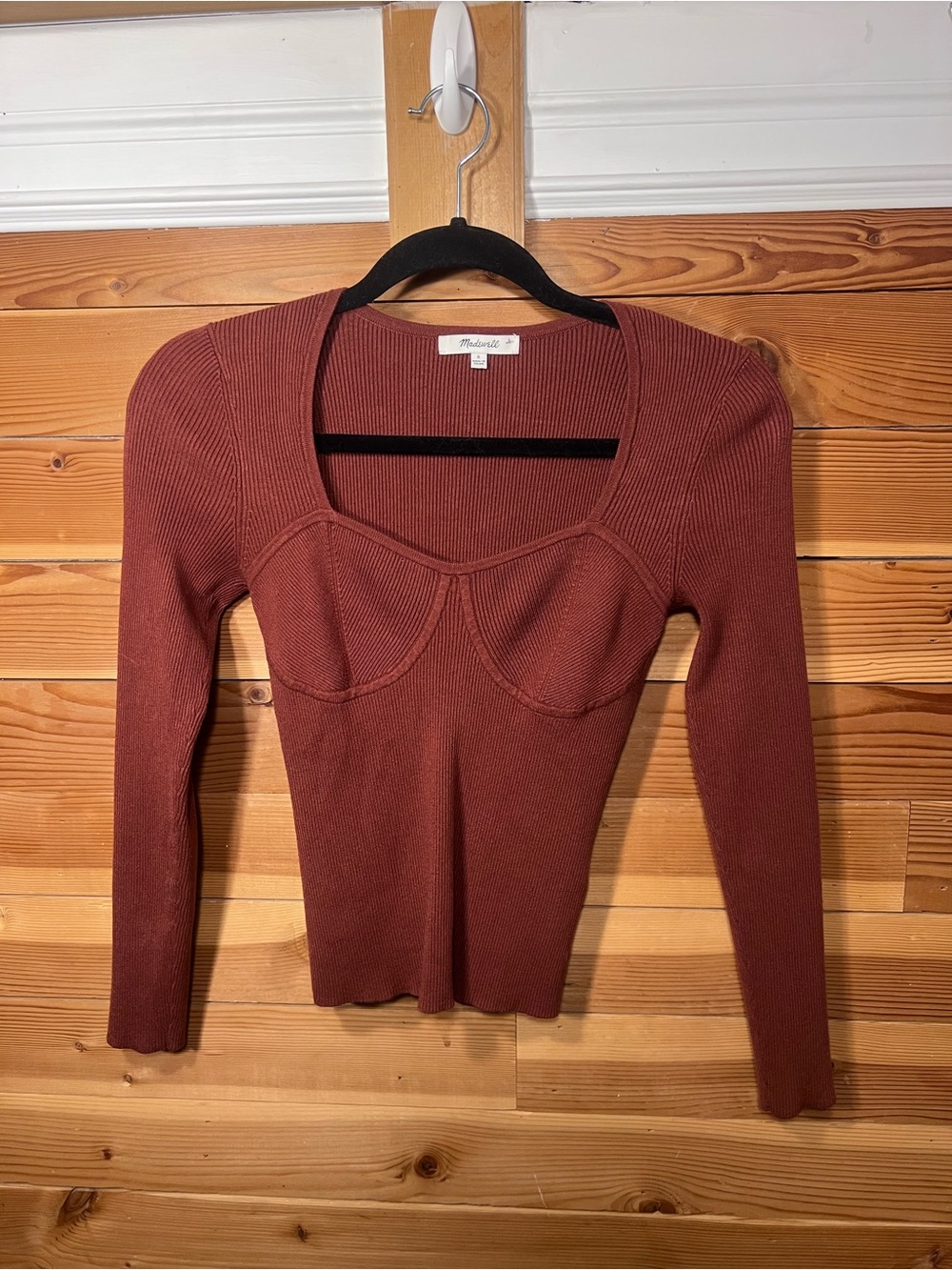 Madewell Women’s S Mauve-Brown Ribbed Long-Sleeve Sweetheart Top